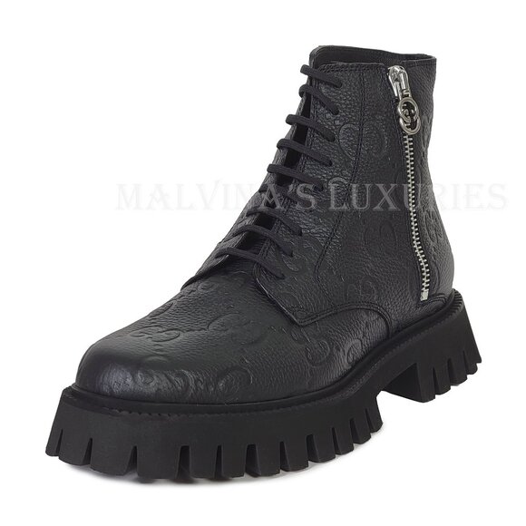 GUCCI BOOTS MENS ANKLE BLACK GG LOGO LEATHER ZIPPER LACE-UP sz 9.5 10 US main image 15